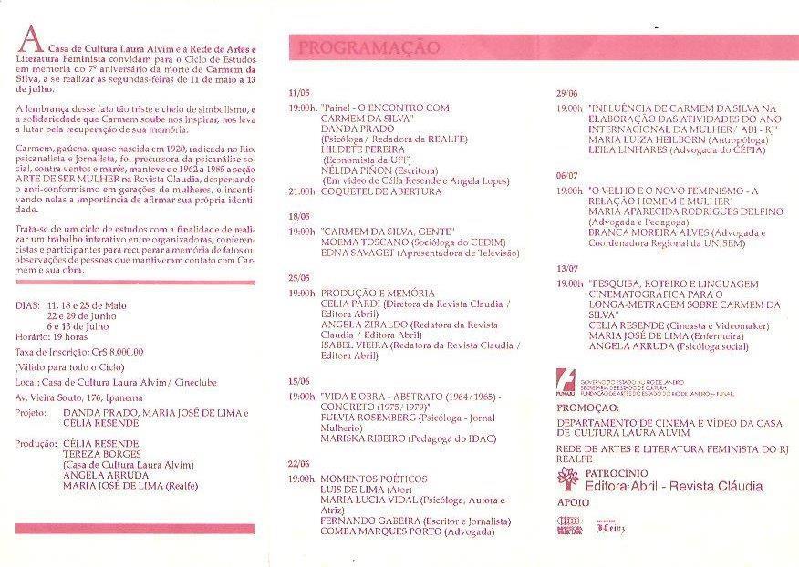 Casa da Cultura Laura Alvim - Ciclo de Estudos Carmen da Silva - Vida e Obra - maio a junho de 1992 - parte interna do folder Casa da Cultura Laura Alvim - Ciclo de Estudos Carmen da Silva - Vida e Obra - maio a junho de 1992 - parte interna do folder