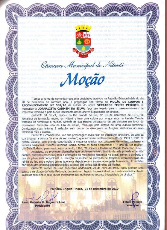 Moo de Louvor e Reconhecimento recebida da Cmara Municipal de Niteri