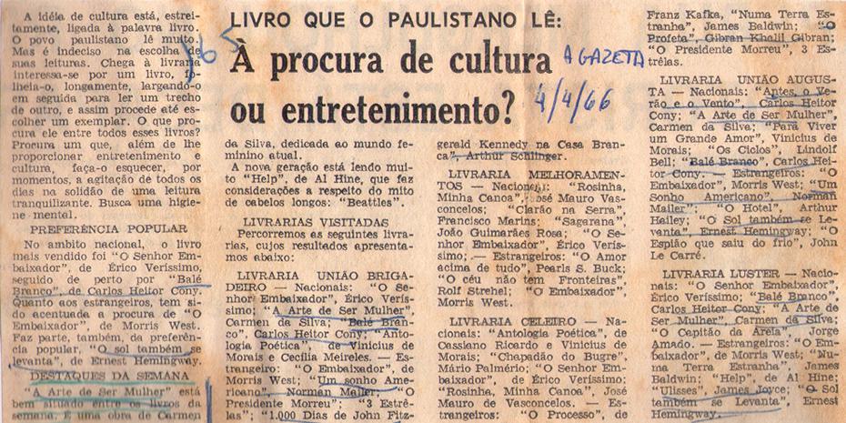 04 de Abril de 1966 - A Gazeta. À procura de cultura ou entretenimento?