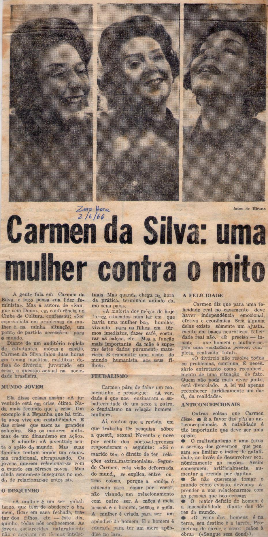 02 de Junho de 1966 - Zero Hora. Carmen da Silva: uma mulher contra o mito.