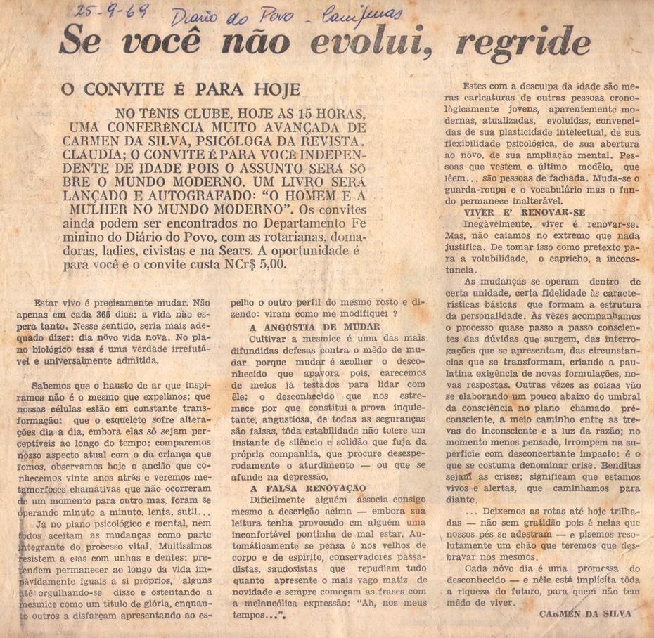 25 de Setembro de 1969 - Dirio do Povo. Se voc no evolui, regride.
