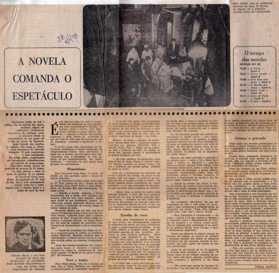 09 de Janeiro de 1973 - Jornal do Brasil. A novela comanda o espetculo.