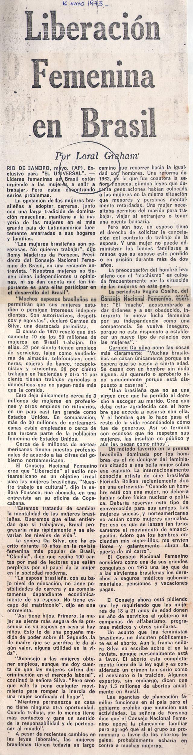 16 de Maio de 1973. Liberacin Femenina en Brasil.