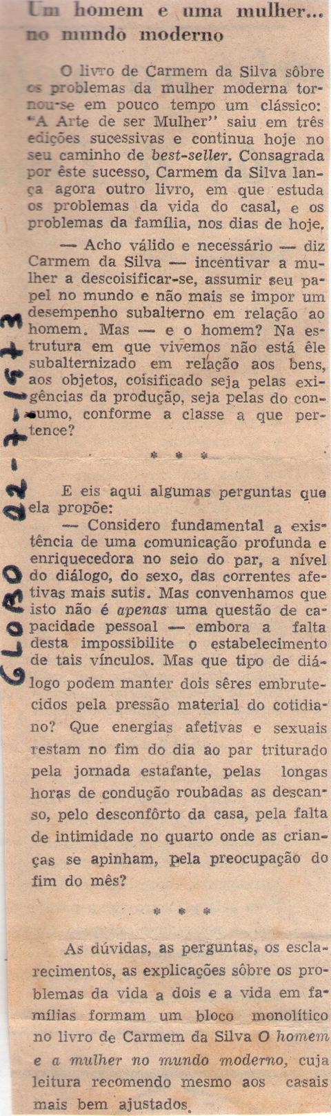 02 de Julho de 1973 - O Globo. Um homem e uma mulher... no mundo moderno.