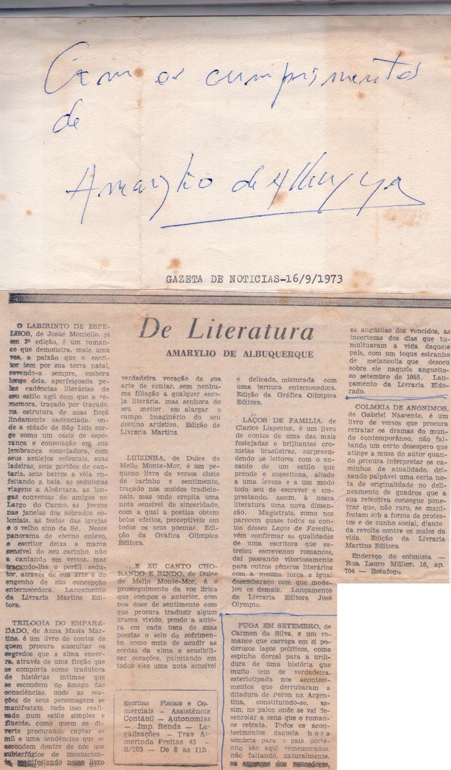 16 de Setembro de 1973 - Gazeta de Notcias. De Literatura.