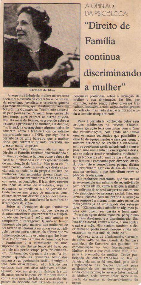 1975. "Direito de Famlia continua discriminando a mulher".