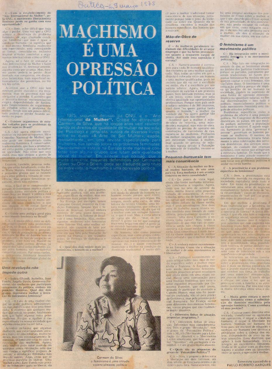 03 de Maro de 1975 - Crtica. Machismo  uma opresso poltica.