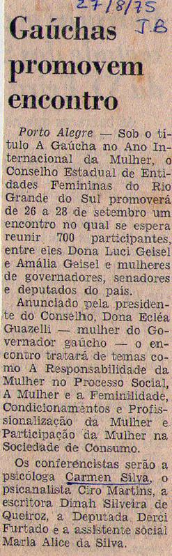 27 de Agosto de 1975 - Jornal do Brasil. Gachas promovem encontro.