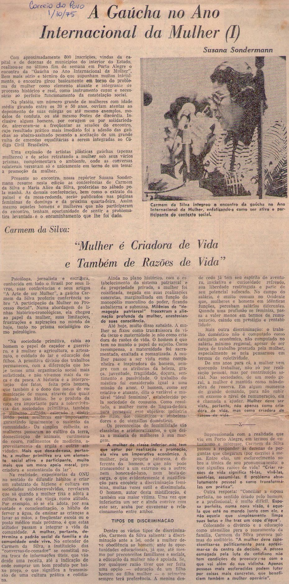 1 de Outubro de 1975 - Correio do Povo. A Gacha no Ano Internacional da Mulher.