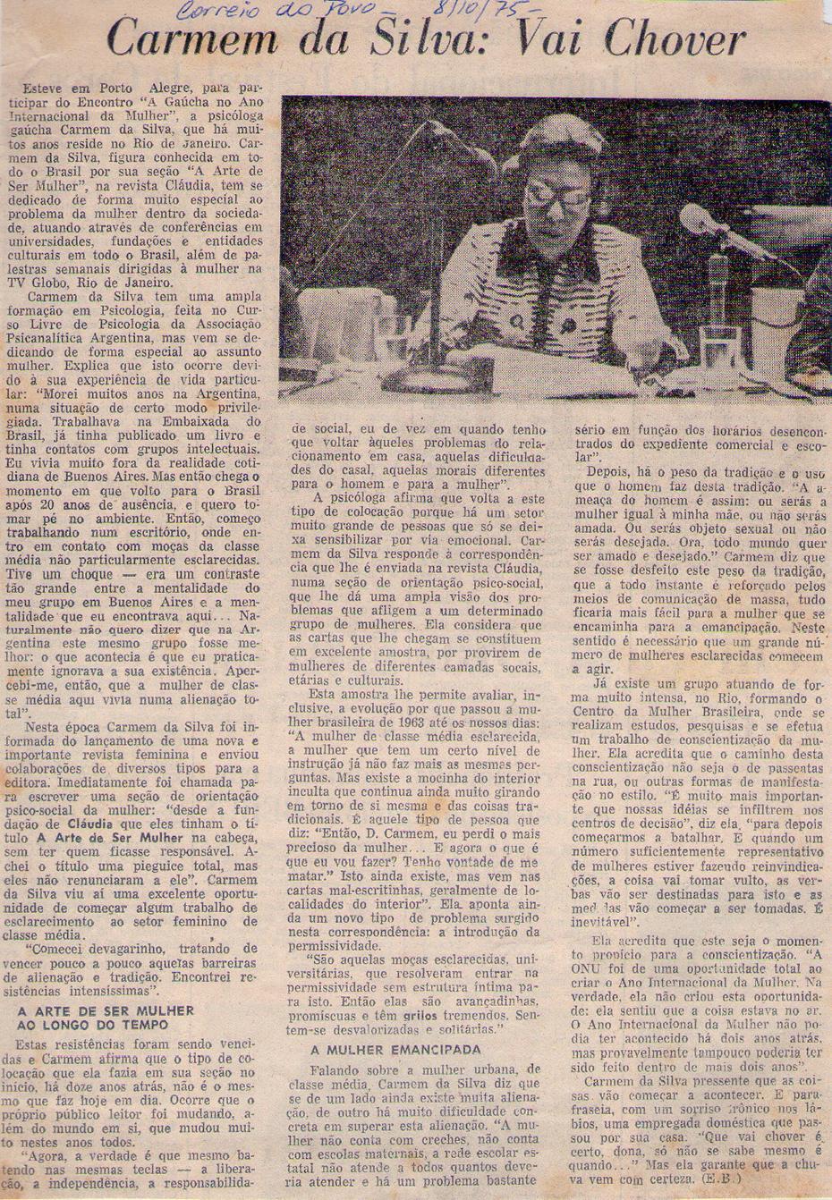 08 de Outubro de 1975 - Correio do Povo. Carmem da Silva: Vai Chover.
