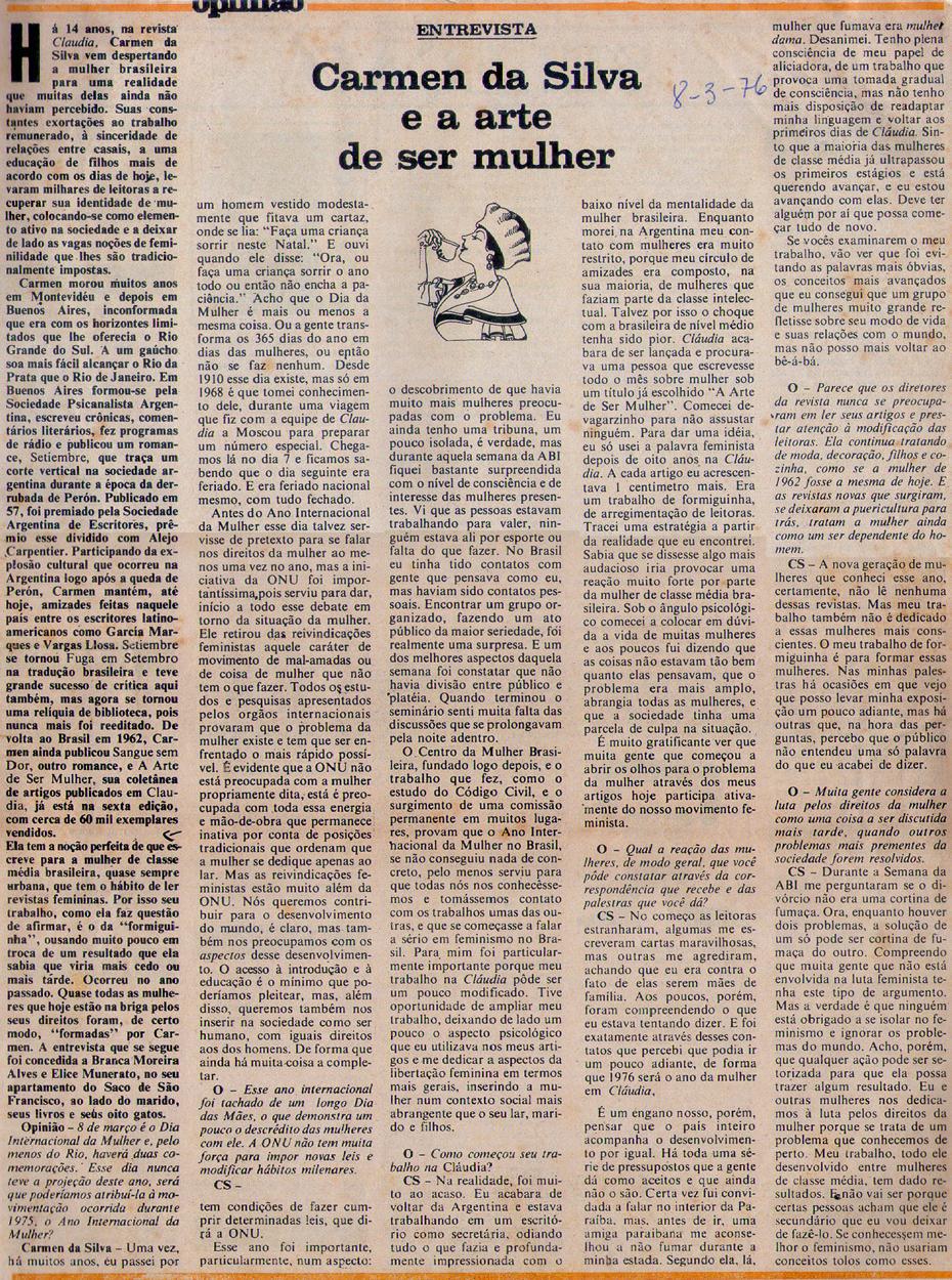 08 de Maro de 1976 - Opinio. Carmen da Silva e a arte de ser mulher.