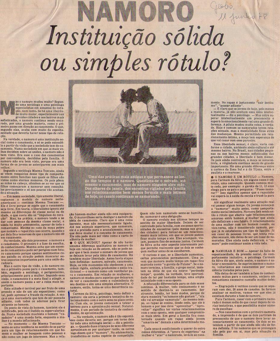 11 de Junho de 1978 - O Globo. Namoro: Instituio slida ou simples rtulo?