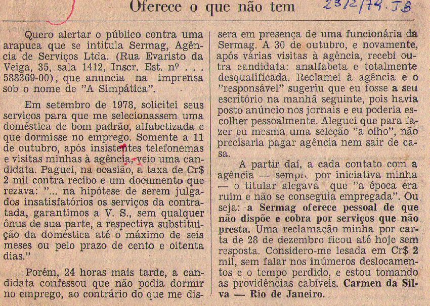 23 de Fevereiro de 1979 - Jornal do Brasil. Oferece o queno tem.