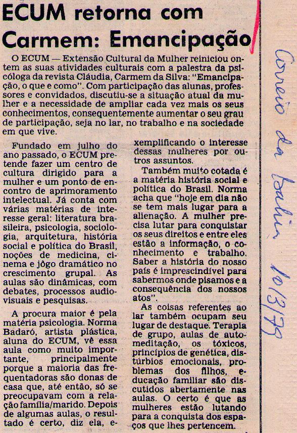 10 de Maro de 1979 - Correio da Bahia. ECUM retorna com Carmem: Emancipao.