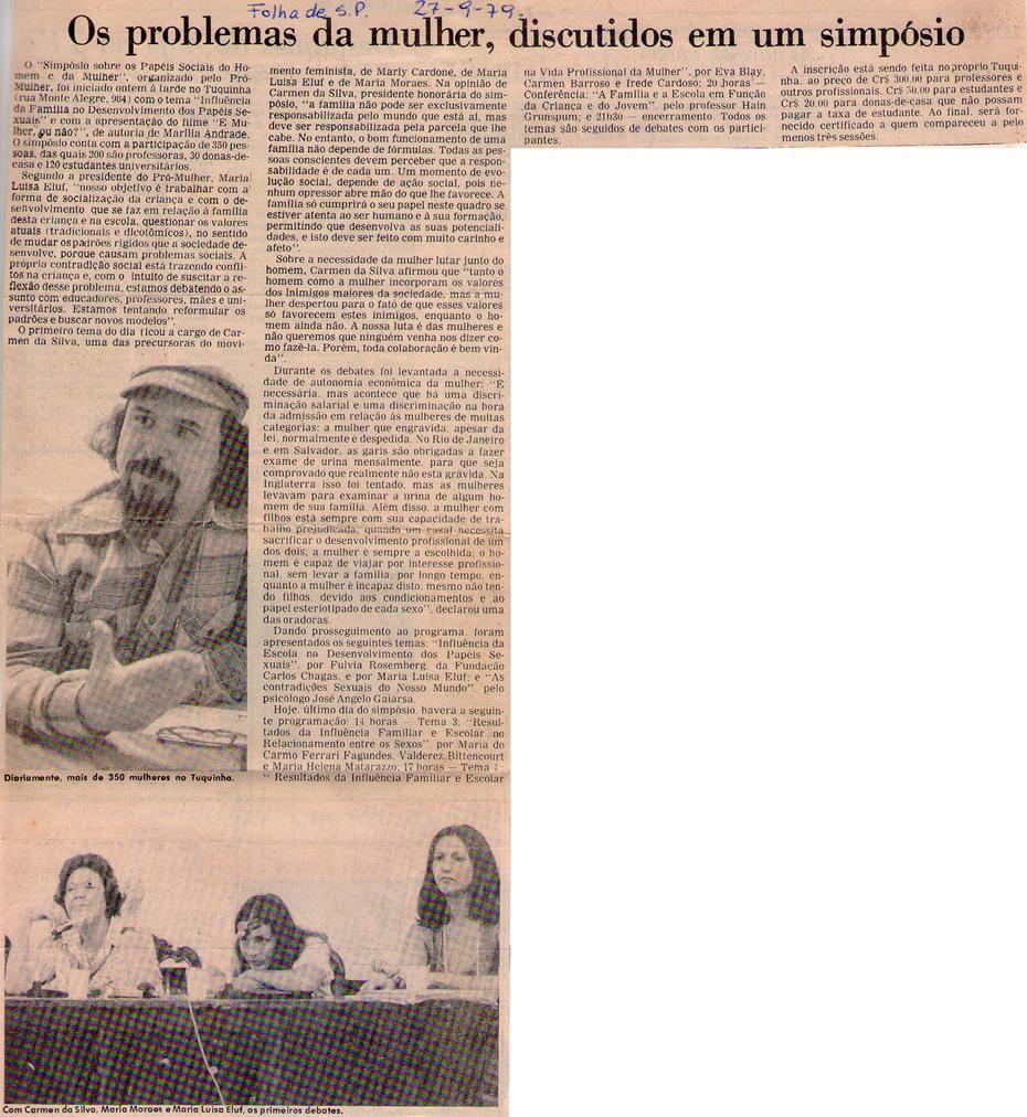 27 de Setembro de 1979 - Folha de So Paulo. Os problemas da mulher, discutidos em um simpsio.