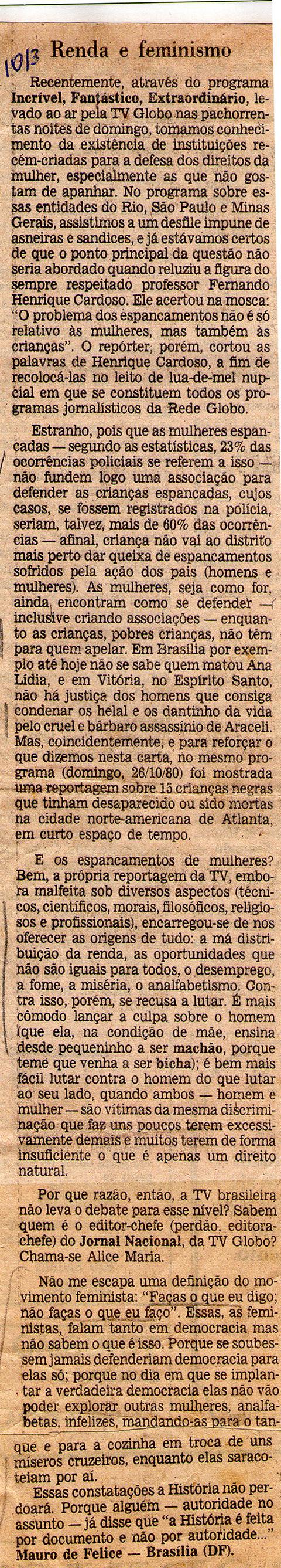 10 de Maro de 1980. Renda e feminismo.