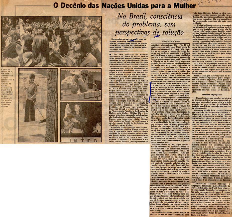 23 de Maro de 1980 - O Globo. O Decnio das Naes Unidas para a Mulher.