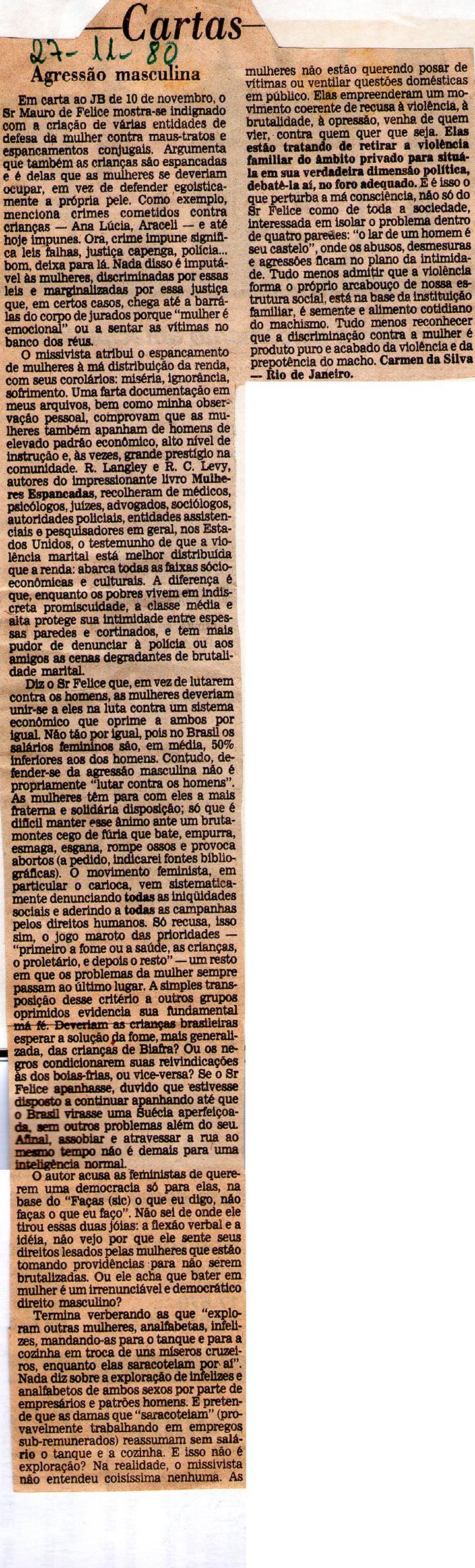 27 de Novembro de 1980 - Jornal do Brasil. Agresso masculina.