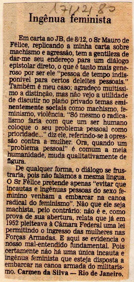 17 de Novembro de 1980 - Jornal do Brasil. Ingnua feminista.