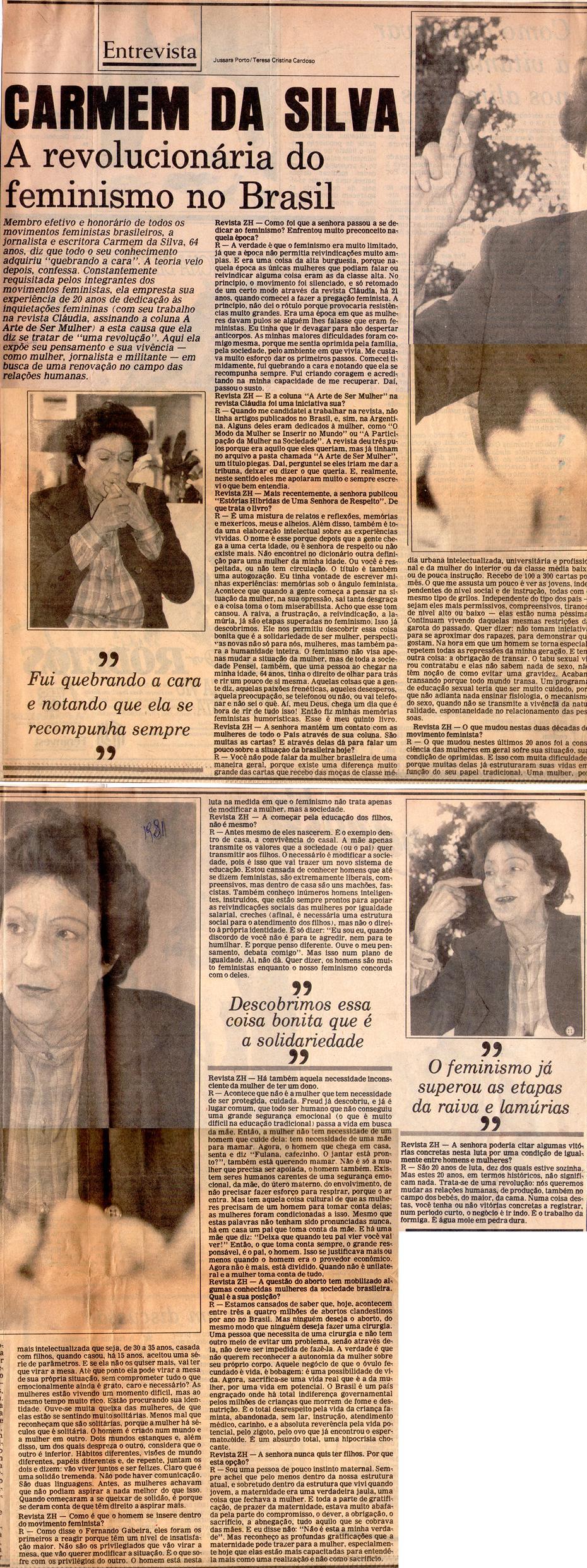 1981 - Zero Hora. Carmem da Silva: A revolucionria do feminismo no Brasil.