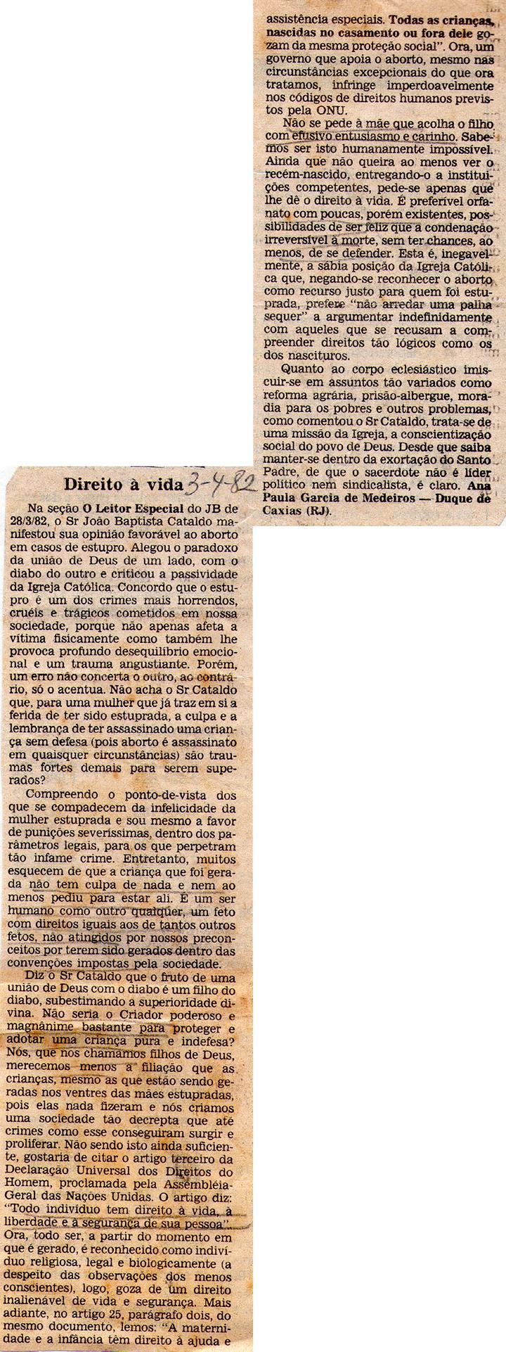02 de Abril de 1982 - Jornal do Brasil. Direito  vida.