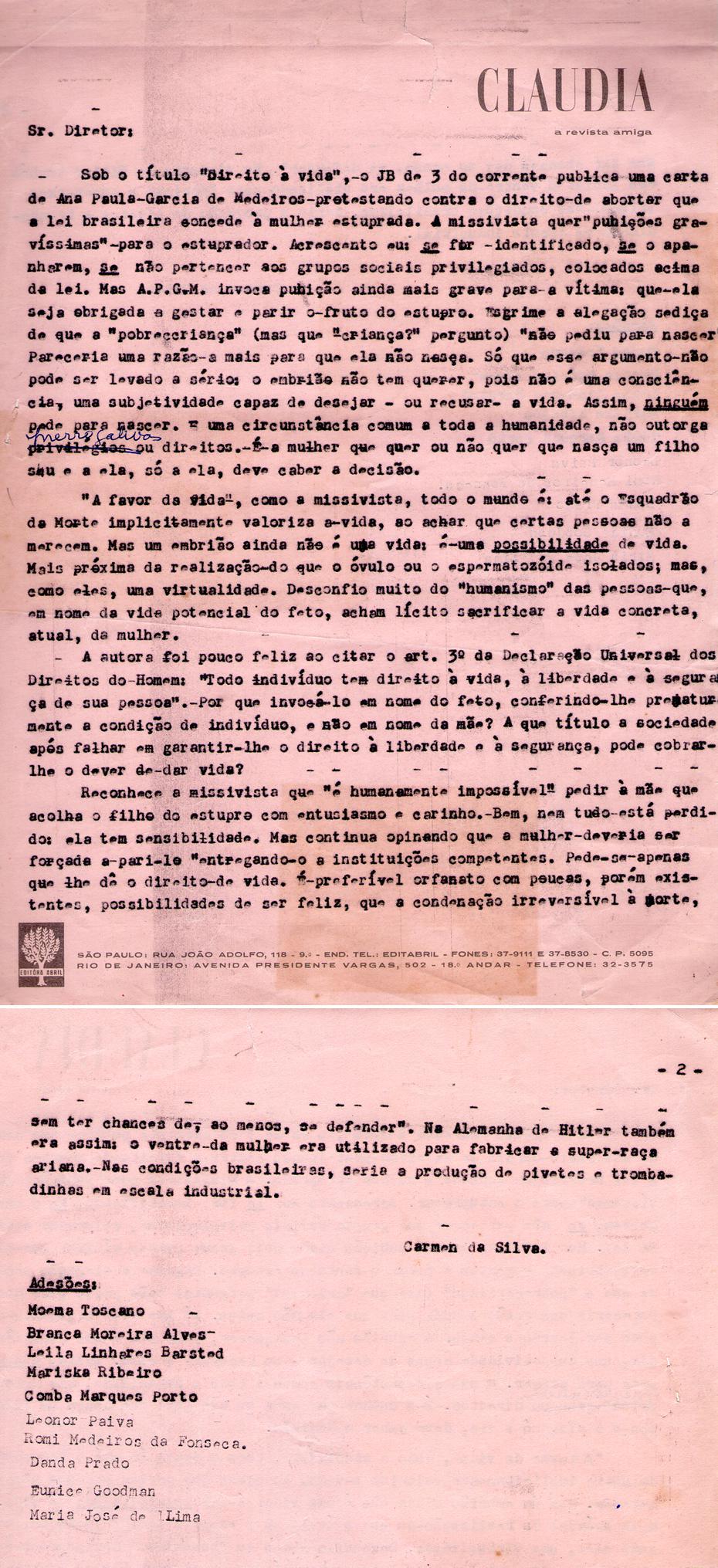 1982 - Cludia. Carta ao diretor.