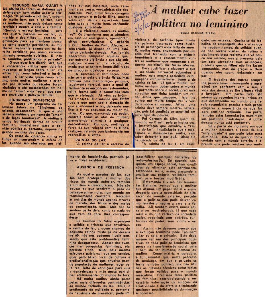 02 de Maio de 1982 - Correio do Povo.  mulher cabe fazer poltica no feminino.