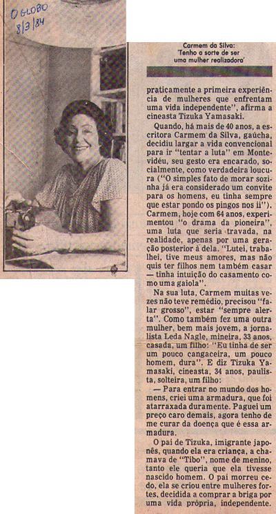 08 de Maro de 1984 - O Globo. Carmem da Silva: 'Tenha a sorte de ser uma mulher realizadora'.