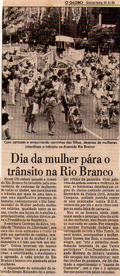 09 de Maro de 1984 - O Globo. Dia da mulher pra o trnsito na Rio Branco.