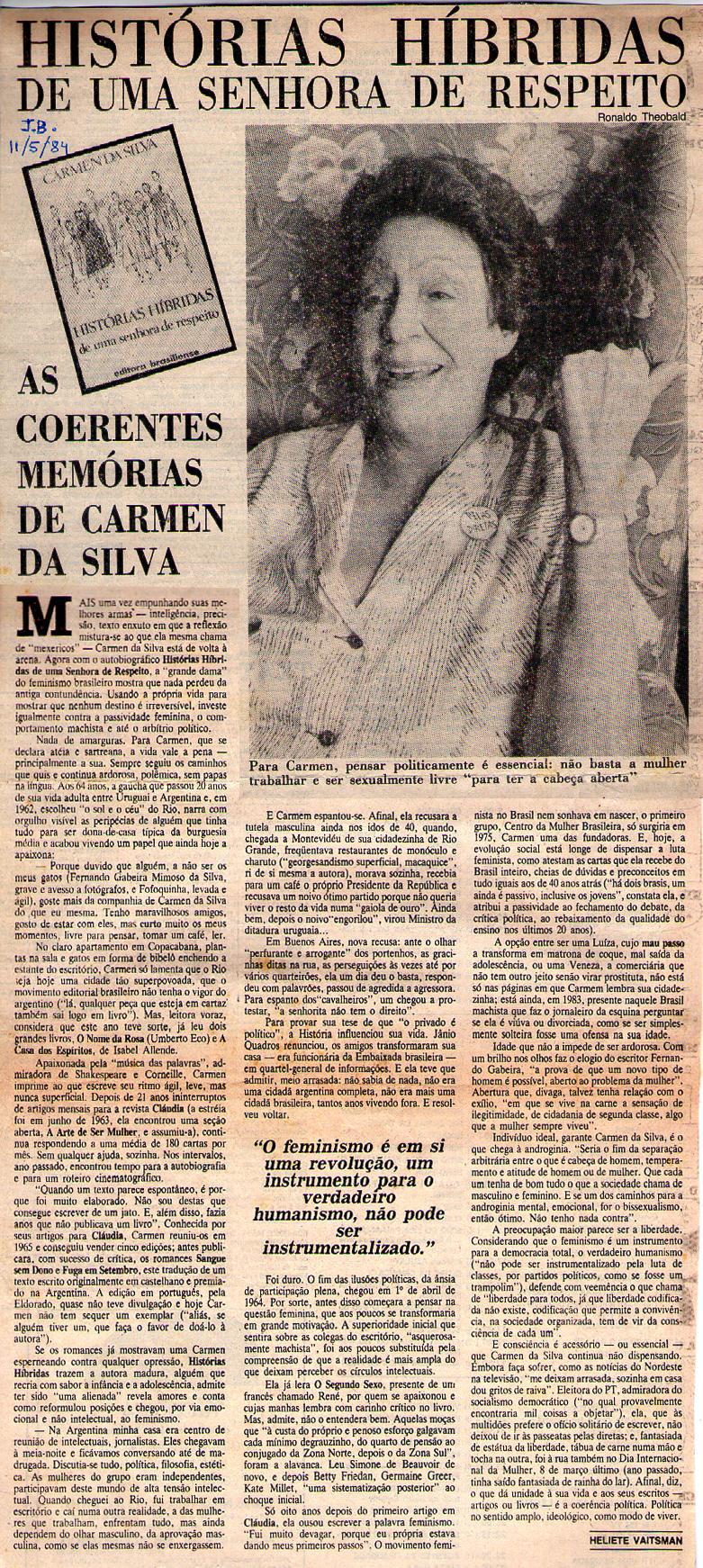 11 de Maio de 1984 - Jornal do Brasil. Histrias hbridas de uma senhora de respeito.