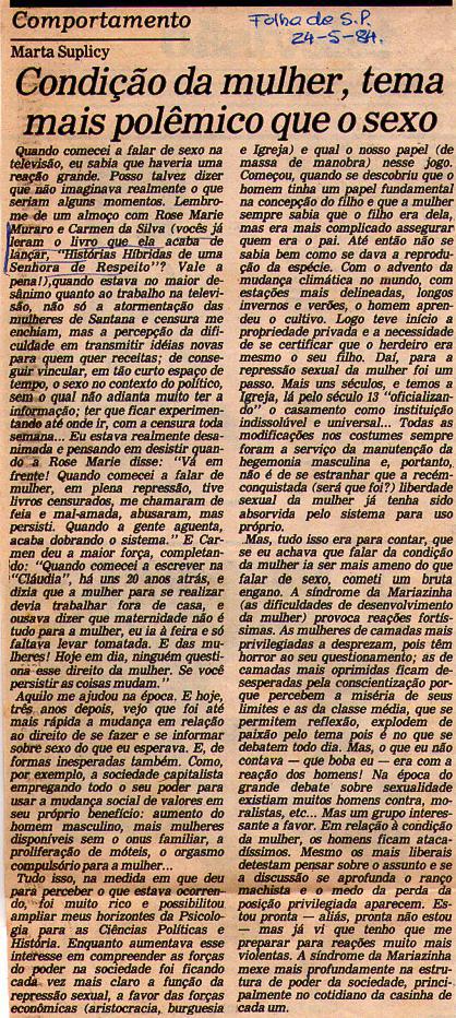 24 de Maio de 1984 - Folha de So Paulo. Condio da mulher, tema mais polmico que o sexo.