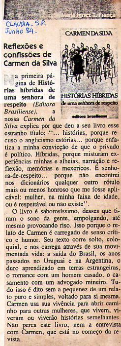 Junho de 1984 - Cludia. Reflexes e confisses de Carmen da Silva.