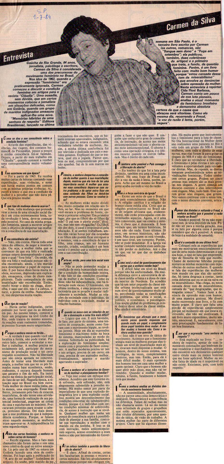 01 de Julho de 1984 - Cludia. Entrevista Carmen da Silva