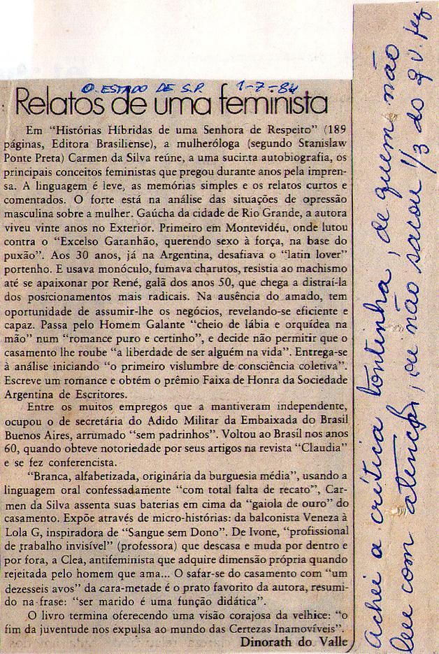 01 de Julho de 1984 - O Estado de So Paulo. Relatos de uma feminista.