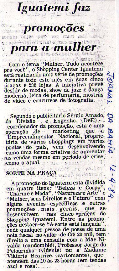 12 de Setembro de 1984 - Jornal da Bahia. Iguatemi faz promoes para a mulher.
