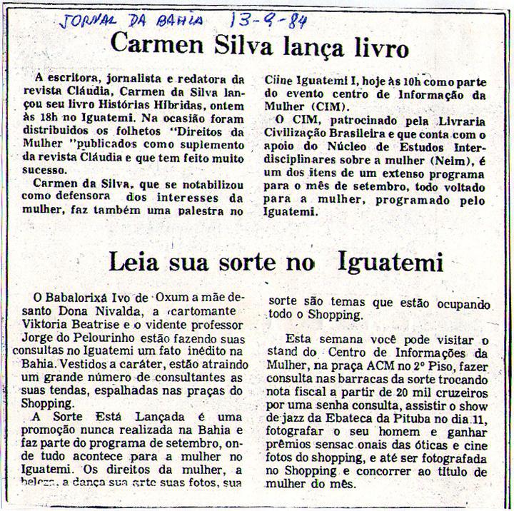 13 de Setembro de 1984 - Jornal da Bahia. Carmen Silva lana livro.
