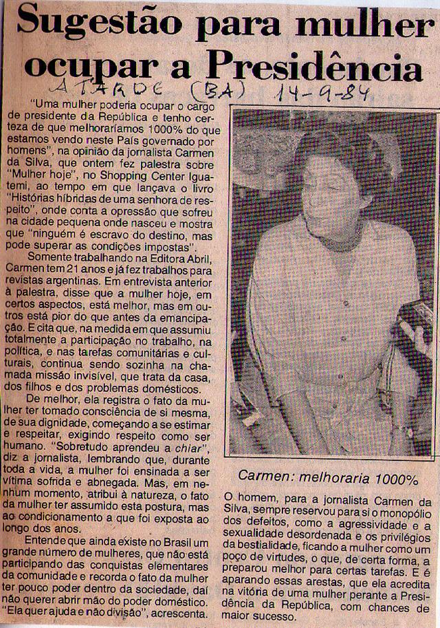 14 de Setembro de 1984 - A Tarde. Sugesto para mulher ocupar a presidncia.