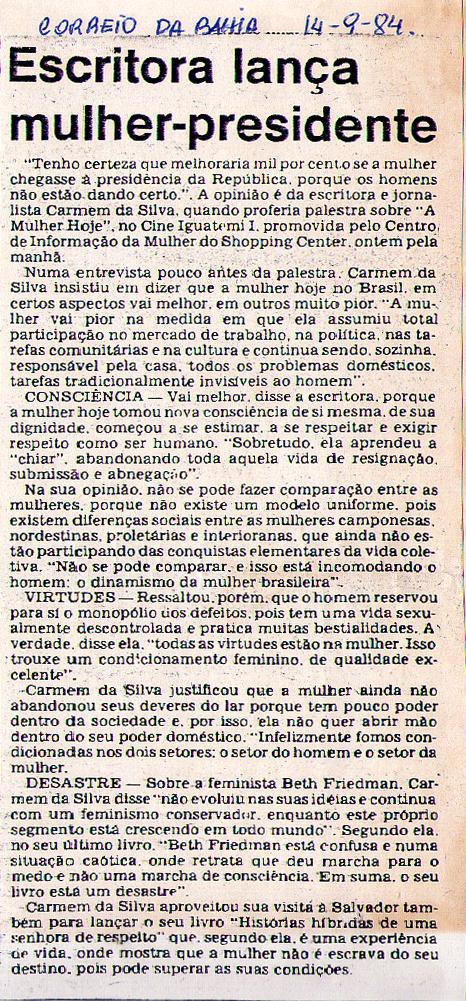 14 de Setembro de 1984 - Correio da Bahia. Escritora lana mulher-presidente.