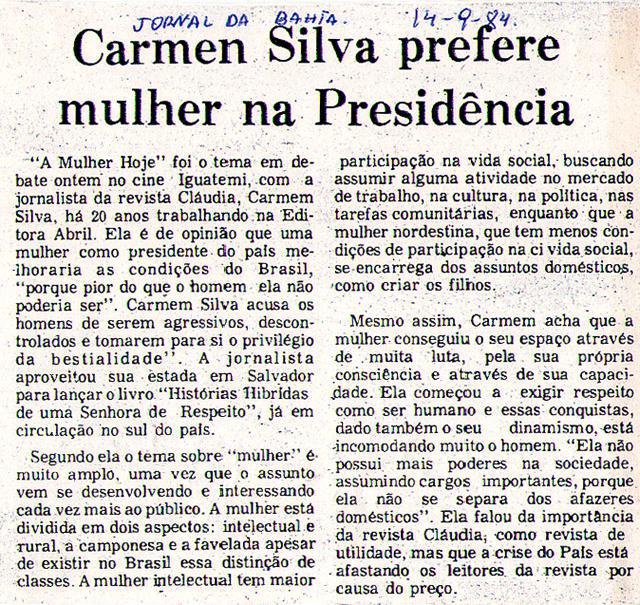 14 de Setembro de 1984 - Jornal da Bahia. Carmen Silva prefere mulher na Presidncia.