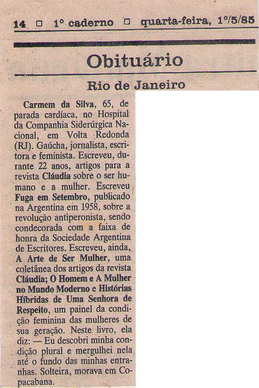 01 de Maio de 1985. Obiturio.