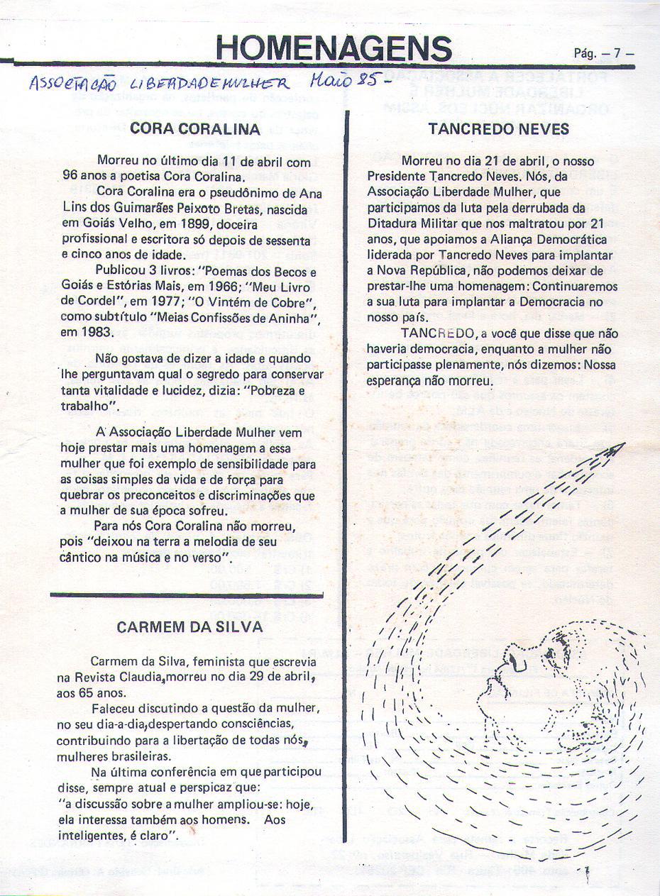 Maio de 1985 - Associao Liberdade Mulher. Homenagens.