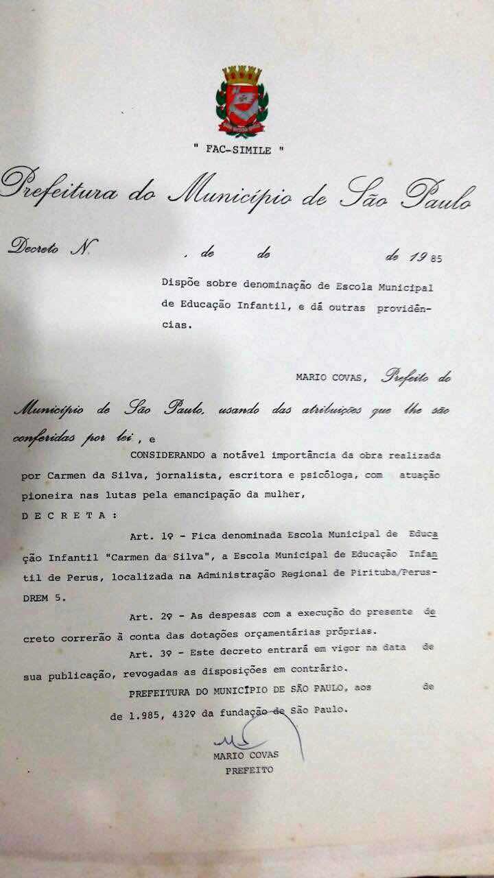 Documento nomeando a Escola Municipal de Educao Infantil Carmen da Silva