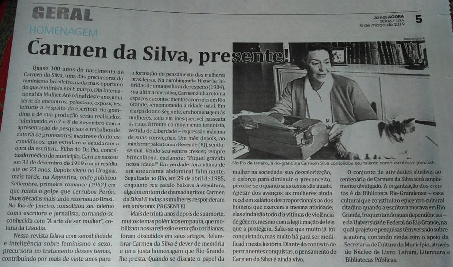 08 de Maro de 2019 - Jornal Agora. Carmen da Silva, PRESENTE!