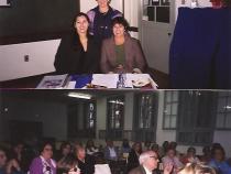 Palestra no Colgio Joana d'Arc - maio de 2006. Na parte superior da foto, em p, a Presidente da Associao das Ex-Alunas, Vera Hilt; sentadas, as palestrantes Kelley Duarte e Nubia Hanciau<br />
Na foto inferior, participantes